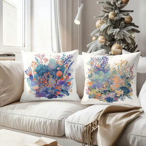 Colorful coral reef throw pillows decorate cozy living room with festive holiday stockings and reindeer antlers - Product Image 4