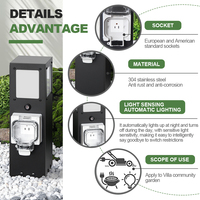 Pédestal d'alimentation extérieur en acier inoxydable 304, colonne de prise de cour IP66 avec éclairage de cour pour villa, camping-car et marina
