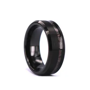 8mm Nero Carburo di Tungsteno Wedding Ring Offset Scanalatura Stretta corno di Cervo Inlay Comfort Fit Band Mens