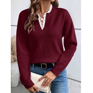 Maglione 2025 donna autunno/inverno nuova moda con rifiniture in <span class=keywords><strong>pizzo</strong></span> con scollo a V-maglieria Casual a maniche lunghe in tinta unita - Product Image 1