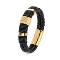 Bracelet en cuir double corde noir texturé avec accent barillet et fermoir magnétique