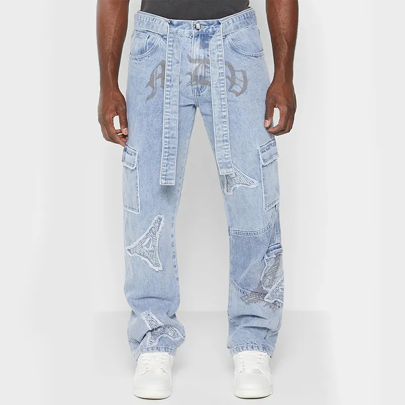 DiZNEW Wholesale Baggy Jeans Custom Rhinestone Cargo jeans Pants Loose Men's Pants Plus Size Jeans