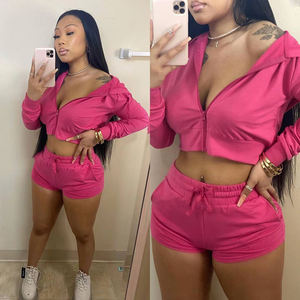 Conjuntos para mujer, trajes de verano 2025 personalizados, Chaqueta de algodón con cremallera para mujer, Top corto con capucha y pantalones cortos de chándal, conjunto de 2 piezas - Product Image 4