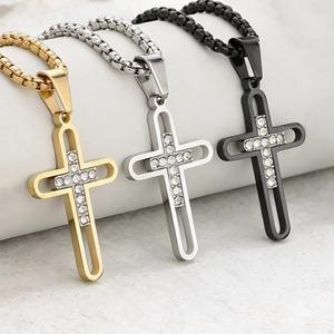 Stainless Steel Cross Pendant Necklace for <b>Men</b> Women,CZ Inlay Hollow Cross Necklace Hip Hop Jewelry for Daily Wear - Product Image 1