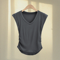T-shirt pour femme en coton tissé 100% extensible, couleur unie, style hip-hop, avec col en V, volants latéraux et manches bouffantes, nouvelle collection American Spice Girls 2026