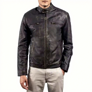 <b>Mens</b> Real <b>Brown</b> <b>Leather</b> <b>Jacket</b> Distressed Stand Collar Zip Chest Pockets Sheepskin Biker Coat Custom Vintage Winter Outerwear - Product Image 1