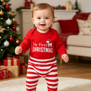Abbigliamento per Neonati, Body Rosso a Maniche Lunghe in Cotone e Pantaloni a Righe, Set <span class=keywords><strong>2</strong></span> Pezzi, Completi per Bambini e Bambine, Set di Abbigliamento Natalizio 2026 per Neonati - Product Image 1