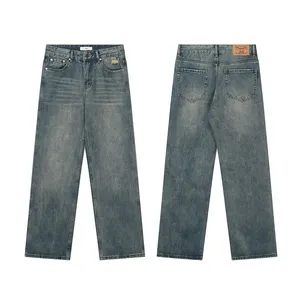 Customized Y2K Men's Jeans Blue Washed Casual Spandex Denim 100% Cotton Straight Jeans Men