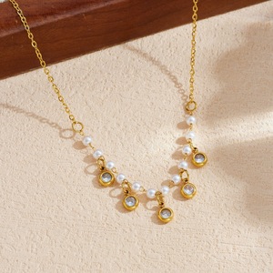 Faux Pearl Chain Necklace Gold Plated Bezel Set Crystal Everyday Wear - Product Image 2