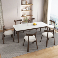 Ensemble de table à manger carrée en bois massif avec 6 chaises, couleur noyer, plateau en pierre, adapté aux petits appartements ou maisons