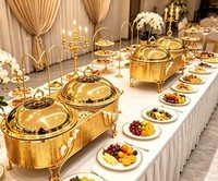 Chauffe-Plat Rond Double Suspendu Doré 16L en Acier Inoxydable pour Buffet, Maintien au Chaud des Aliments, Service de Traiteur pour Hôtels et Banquets