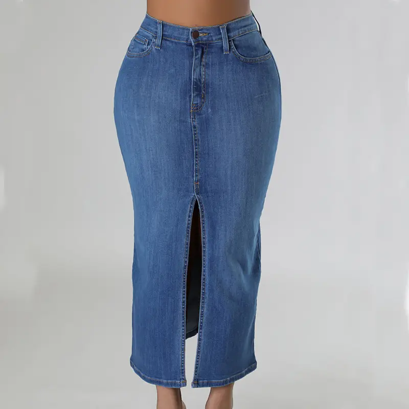 Taille haute Denim tissu avant fendu longue lâche femmes élégantes jupe en jean