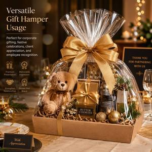 Wholesale Eco Friendly Gift <strong>Basket</strong> Packaging <strong>Kit</strong> Factory Custom Logo Brown Kraft Tray with Clear Bag Gold Bow - Product Image 6