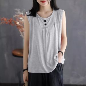 Women's Solid Color Round Neck Sleeveless <b>Vest</b> <b>Top</b> Pink Acrylic Fiber Breathable Loose Fit Summer Style With Button Design - Product Image 4