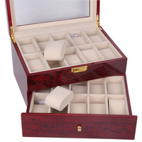 Boîte à montres en bois MDF de haute qualité, grande capacité (20 emplacements), avec doublure en velours résistante à l'eau, double couche de rangement pour montres homme et femme