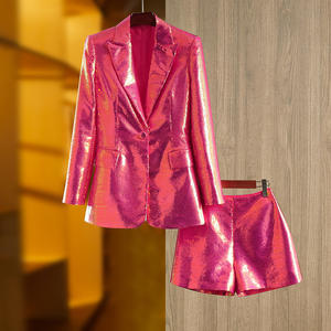 Long Sleeve <strong>Hot</strong> Rose <strong>Pink</strong> <strong>Sequin</strong> Blazer Suit Ladies Two Piece <strong>Shorts</strong> and Jacket Blazer Suits Club Outfits for Women - Product Image 5