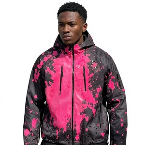 Blouson Bomber Homme en PU à Capuche Imprimé Éclaboussures Rose et Noir Imperméable Streetwear Fermeture Éclair Coupe Droite Vêtement d'Automne - Product Image 1