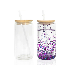 Bicchiere in Vetro Riutilizzabile per Sublimazione 16oz Trasparente a Doppia Parete con Coperchio in Legno Logo Personalizzabile Design Contemporaneo - Product Image 1