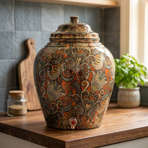 Distributeur d'eau décoratif en cuivre avec robinet, motif Paisley orange - Product Image 3