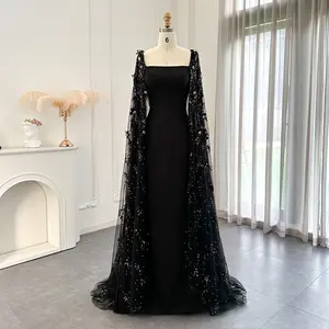 Jancember LSCZ192 플로럴 프린트 파티 이브닝 드레스 여성용 케이프가있는 럭셔리 스퀘어 칼라 스팽글 블랙 천연 OEM 서비스