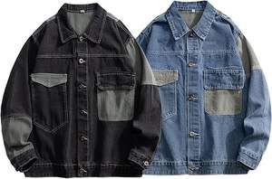 แจ็คเก็ตยีนส์ผู้ชายปะติดปะต่อสไตล์วินเทจทรงหลวมสีสันตัดกัน แจ็คเก็ตยีนส์สตรีทแวร์แนวเรโทร แจ็คเก็ตชุดทำงานสำหรับผู้ชาย พร้อมโลโก้แบบกำหนดเอง - Product Image 3