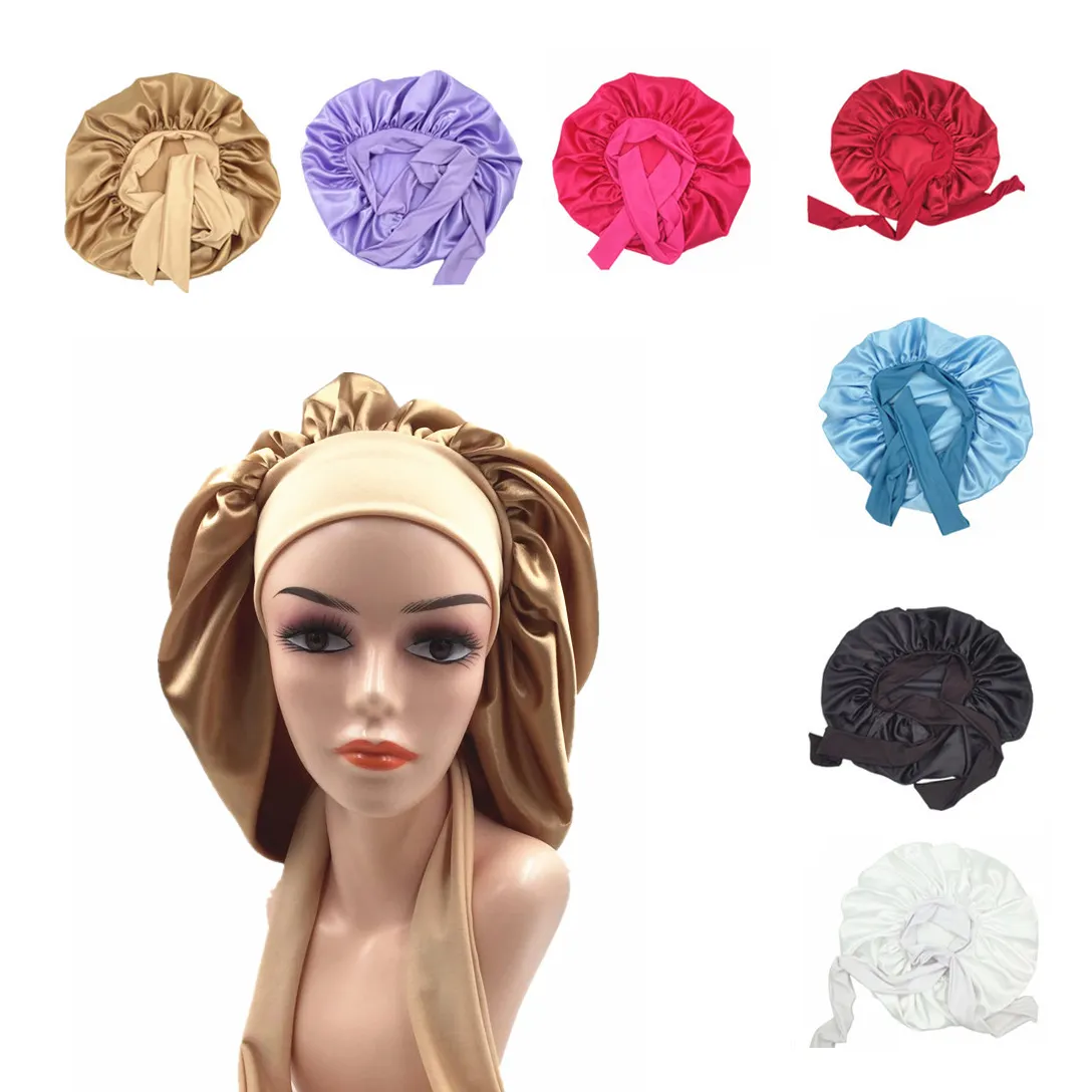 Women Big large Braid Hair Head Band Night Sleep Shower Cap Wrap Satin Bonnets Bonnet With Tie Edge Band Adjustable Straps