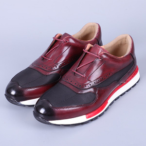 Men's Genuine Leather Walking Shoes <b>Round</b> Toe Low Heel <b>Cushioned</b> Rubber Outsole Mixed Colors Patchwork Design - Product Image 1