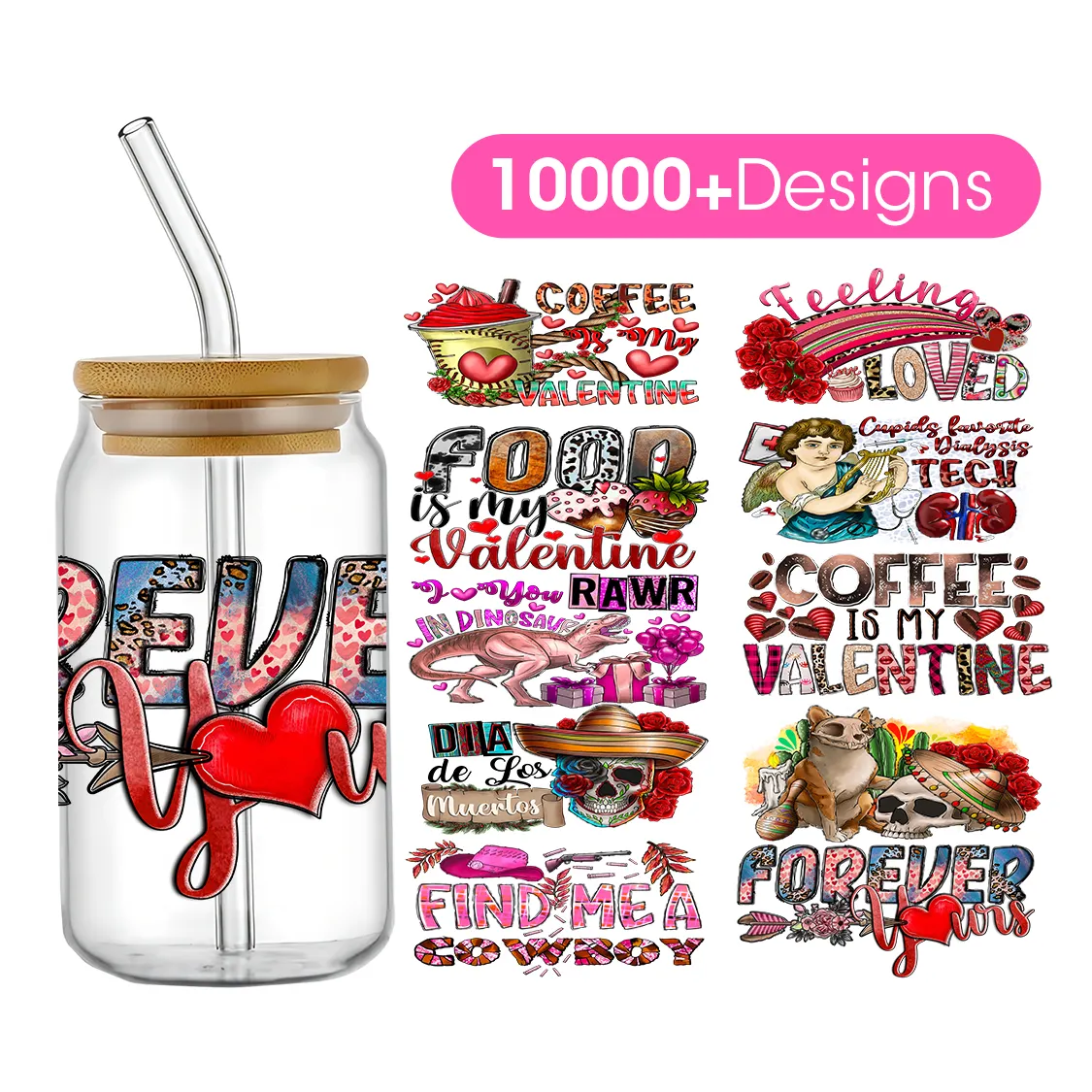 Custom Designs 12oz16oz 20oz 40 Oz Uv Dtf Cup Wraps Transfer Stickers Valentines For Glass Cups