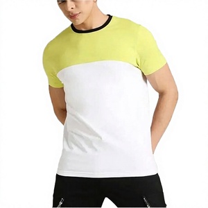 Camiseta de Hombre con Bloques de Color, Manga Corta, Corte Ajustado, Cuello Redondo, Tejida, Casual, Blanca con Ribete en Amarillo - Product Image 2