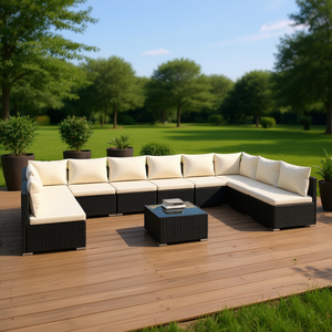 Ensemble de salon de jardin en polyrotin noir avec coussins, 10 places, mobilier d'extérieur, design contemporain et moderne - Product Image 2