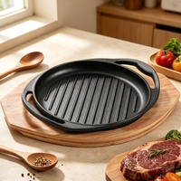 Poêle à griller ronde en fonte avec base en bois, à double poignée côtelée, pré-culottée pour steak, barbecue, camping, restaurant, personnalisable OEM