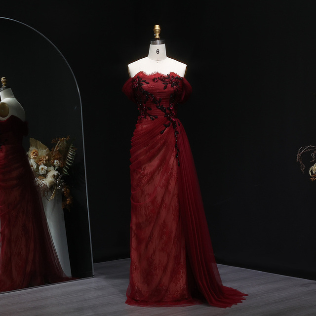 Customized Elegant Red Off Shoulder Evening Dress With 3D Flower Overskirt for Women Wedding Party Gown Arabic
