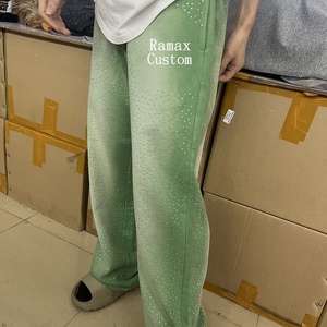 Pantalon de survêtement unisexe vintage évasé, délavé au soleil, effet vieilli, respirant, délavé à l'acide, orné de strass, couleur personnalisée, printemps - Product Image 4