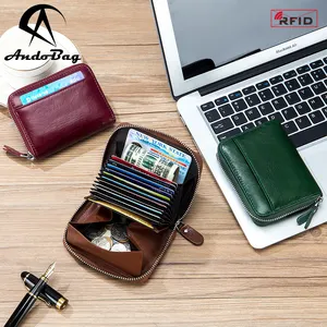 AndoBag RFID Organ Card Holder for Men Genuine Cow Leather Japanese Style Zipper Coin Purse Fashion Retro Short Wallet 7382