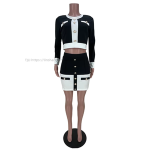 Conjunto de 2 Piezas para Mujer, Top con Botones en Blanco y Negro y Cuello Redondo, Falda Corta, Moda - Product Image 6