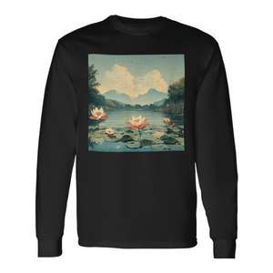 T-shirt à manches longues avec motif vintage de paysage de lac serein avec nénuphar - Product Image 1
