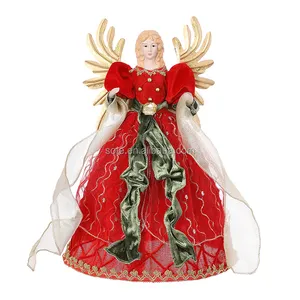 Wholesale High Quality 16" Red&Green PVC Fairy Doll Ornaments Metal Wing Shelf Decor Christmas Tree Topper Angel Xmas Decoration