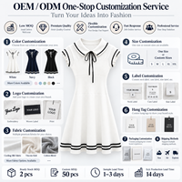 Gaun Rajut Lembut Wanita Model Preppy OEM ODM Logo Kustom Grosir, Gaya Navy Kerah Lapel Lengan Pendek Renda Mini untuk Musim Panas