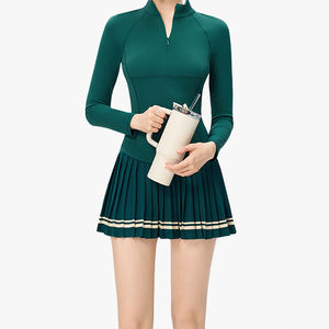 Tennis Set Sports Slimming Pleated Mini <b>Skirt</b> Women's <b>Long</b> Sleeve Zipper Turtleneck T-Shirt Tennis Outfit Two-Piece Set - Product Image 1