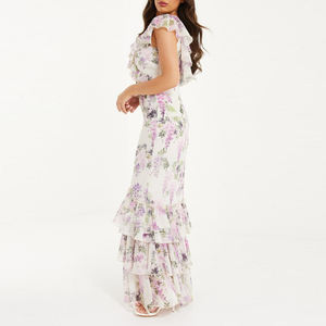 مخصص الصيف عالية مخصر صغير أبيض الشيفون الأزهار زخارف فستان طويل المرأة - Product Image 3