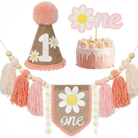 Ensemble de décoration de fête de 1er anniversaire sur le thème des marguerites roses pour les petites filles, comprend une bannière pour chaise haute, un chapeau d'anniversaire, un gâteau