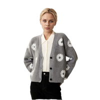 Sweter wol 100% wanita kustom jaket rajut bordir bunga kardigan atasan V-Neck bergaris hangat untuk wanita