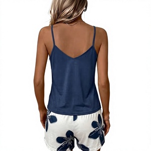 Women 2-Piece Lounge Set Sleeveless V-Neck Cami Shorts Summer Wear Soft Knitted Casual Sleepwear Breathable Elastic Waist - Product Image 2