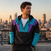 Chaqueta Anorak para Hombre, Estilo Retro de los 90, Bloques de Color, Media Cremallera, Exterior de Nailon, Ligera, Transpirable, Bolsillo Frontal, Ropa Urbana, Personalizable OEM