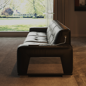 Divano Minimalista Italiano in Pelle Pieno Fiore, Configurazione Lineare Nera Audace, Linee Architettoniche Pulite, Seduta di Lusso - Product Image 2