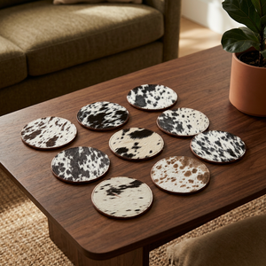 Ensemble de dessous-de-verre ronds en cuir de vachette véritable, noir, blanc, marron, avec poils, pour décorer la table de style campagnard - Product Image 3