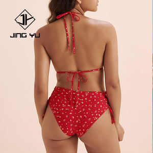 Hot-selling summer <b>red</b> floral print swimsuit two-piece <b>set</b> custom comfortable nylon triangle <b>bikini</b> - Product Image 3