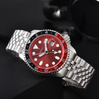 Montre mécanique automatique GMT pour hommes, lunette rouge et noire, cadran bordeaux, bracelet en acier inoxydable, étanche 10ATM, montre de plongée