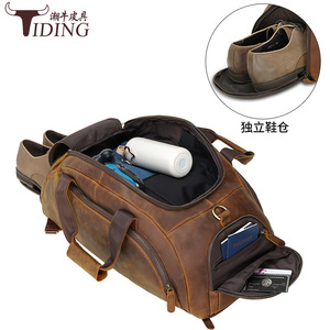Tiding Genuine Leather <b>Backpack</b> Large Capacity Travel Bag With Shoe Compartment Unisex <b>Brown</b> Black - Product Image 2