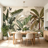 Papier peint toile personnalisé style cabane forestière à thème végétal, forêt tropicale, pour salon et chambre